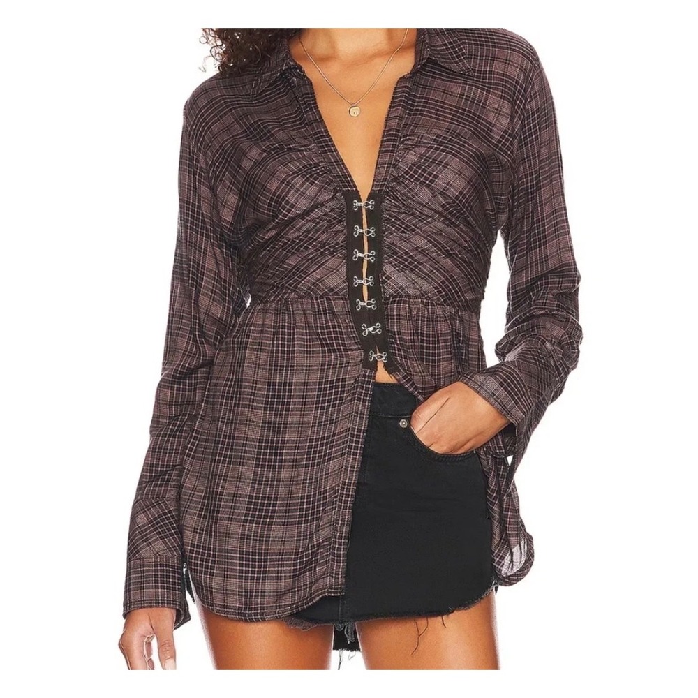 We The Free Plaid Tunic Women XS Brown Hook-and-Eye Corset Boho Top Grunge Indie